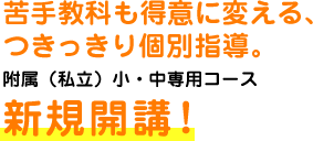 苦手教科も得意に変える、つきっきり個別指導。附属(私立)小・中専用コース新規開講!