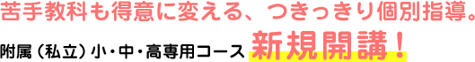 苦手教科も得意に変えるつきっきり個別指導。附属(私立)小・中・高専用コース新規開講!